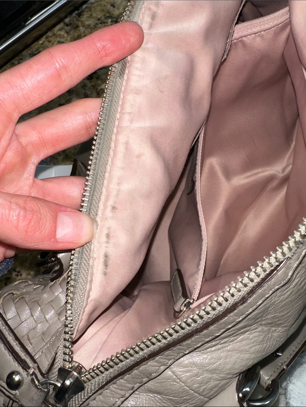 Coach Kristen Woven Leather Shoulder Satchel in Taupe Gray with pink interior - Picture 13 of 16